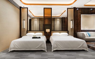 3d rendering luxury bedroom suite in resort hotel with twin bed and living 3d rendering luxury bedroom suite in resort hotel with twin bed and living